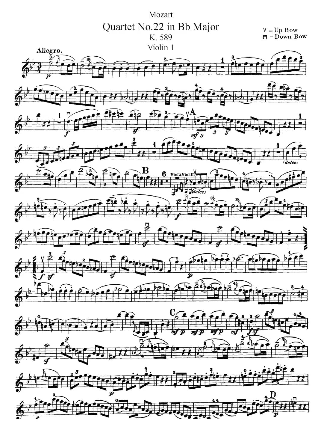 Mozart《Quartet No.22 in Bb Major，K.589》（Violin 1分谱）