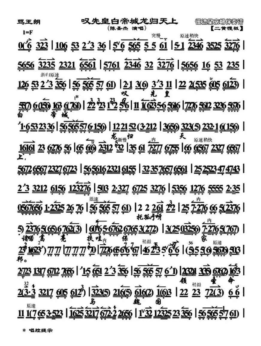 叹先皇白帝城龙归天上（《骂王》唱段、琴谱）