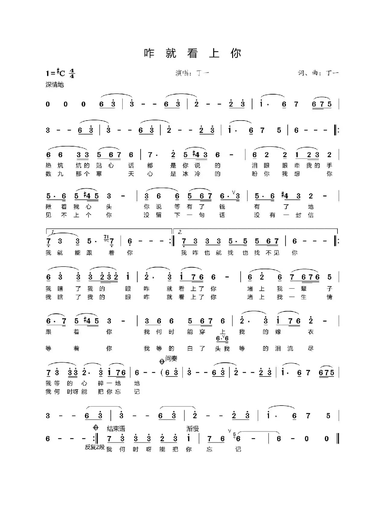 咋就看上你（简谱）
