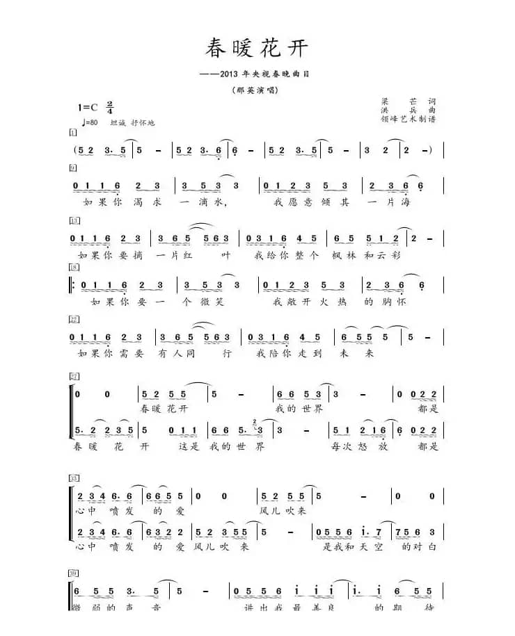 《春暖花开》二声部 小组唱 简谱 2013年春晚 那英演唱