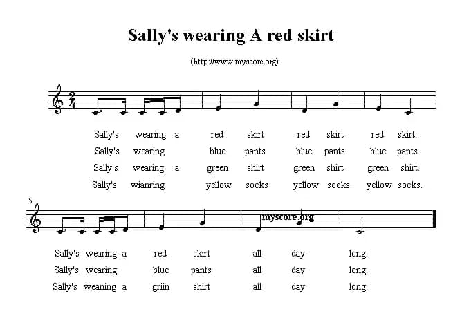 Sally's wearing a red skirt（英文儿歌、五线谱）