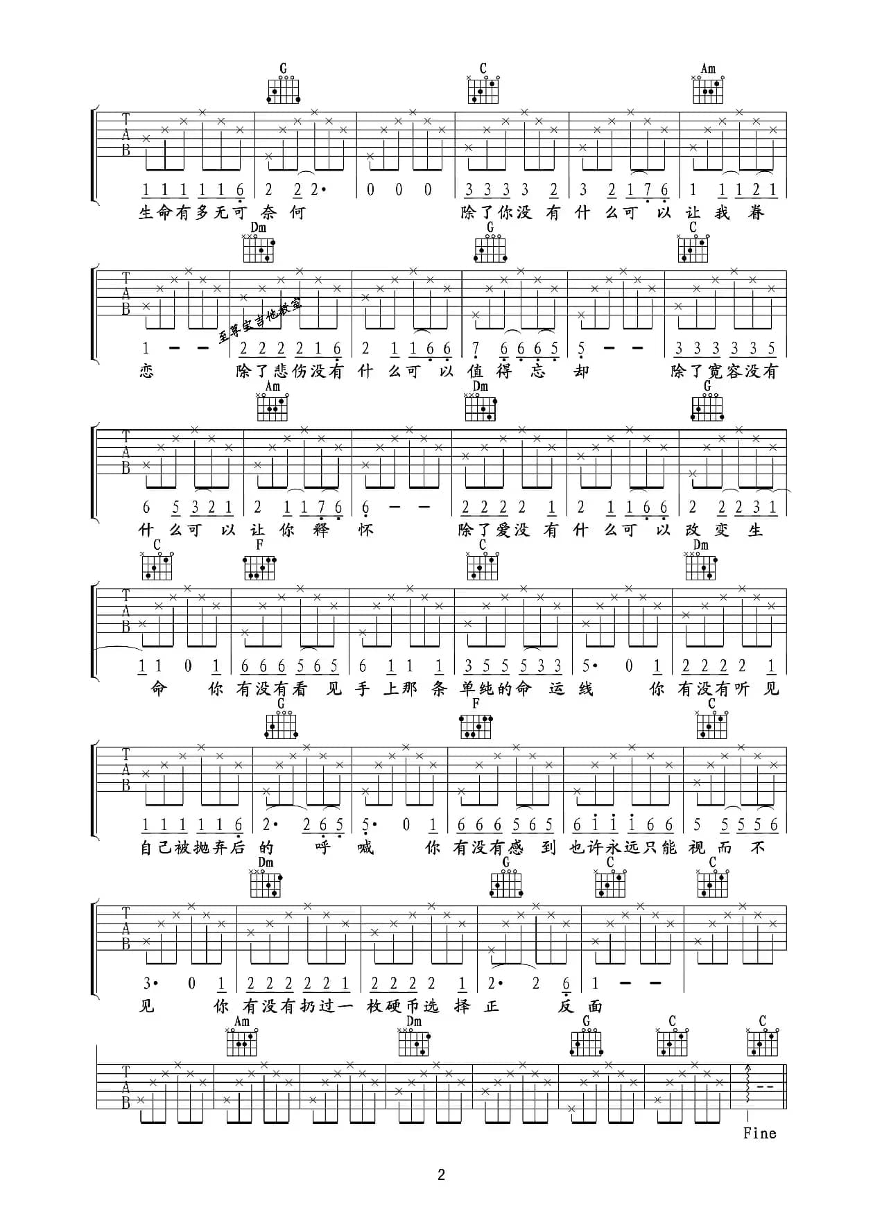 硬币（高清吉他六线谱）
