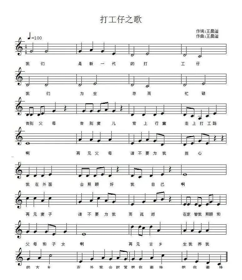 打工仔之歌(王晨溢词曲、五线谱)