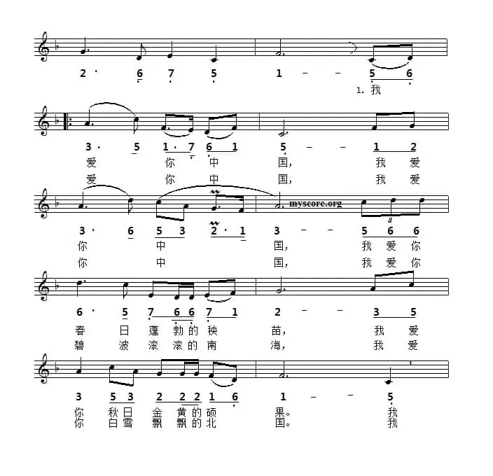 我爱你，中国（电影《海外赤子》插曲）（线简谱对照版）