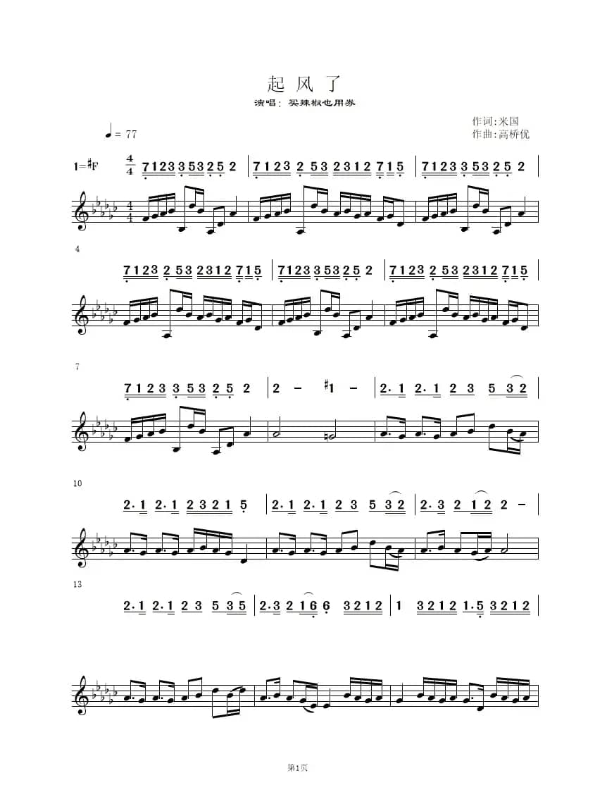 起风了（五线谱）