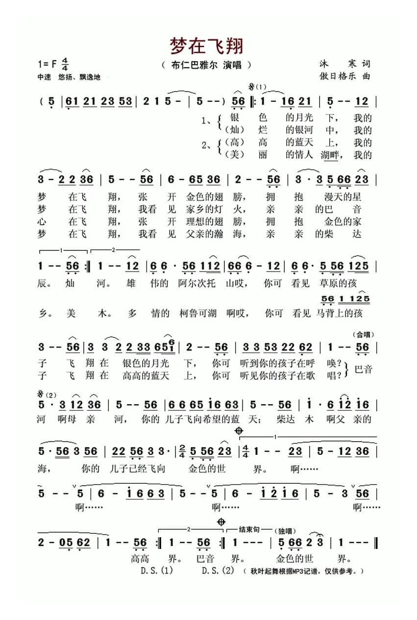 梦在飞翔（沐寒词 傲日格乐曲）