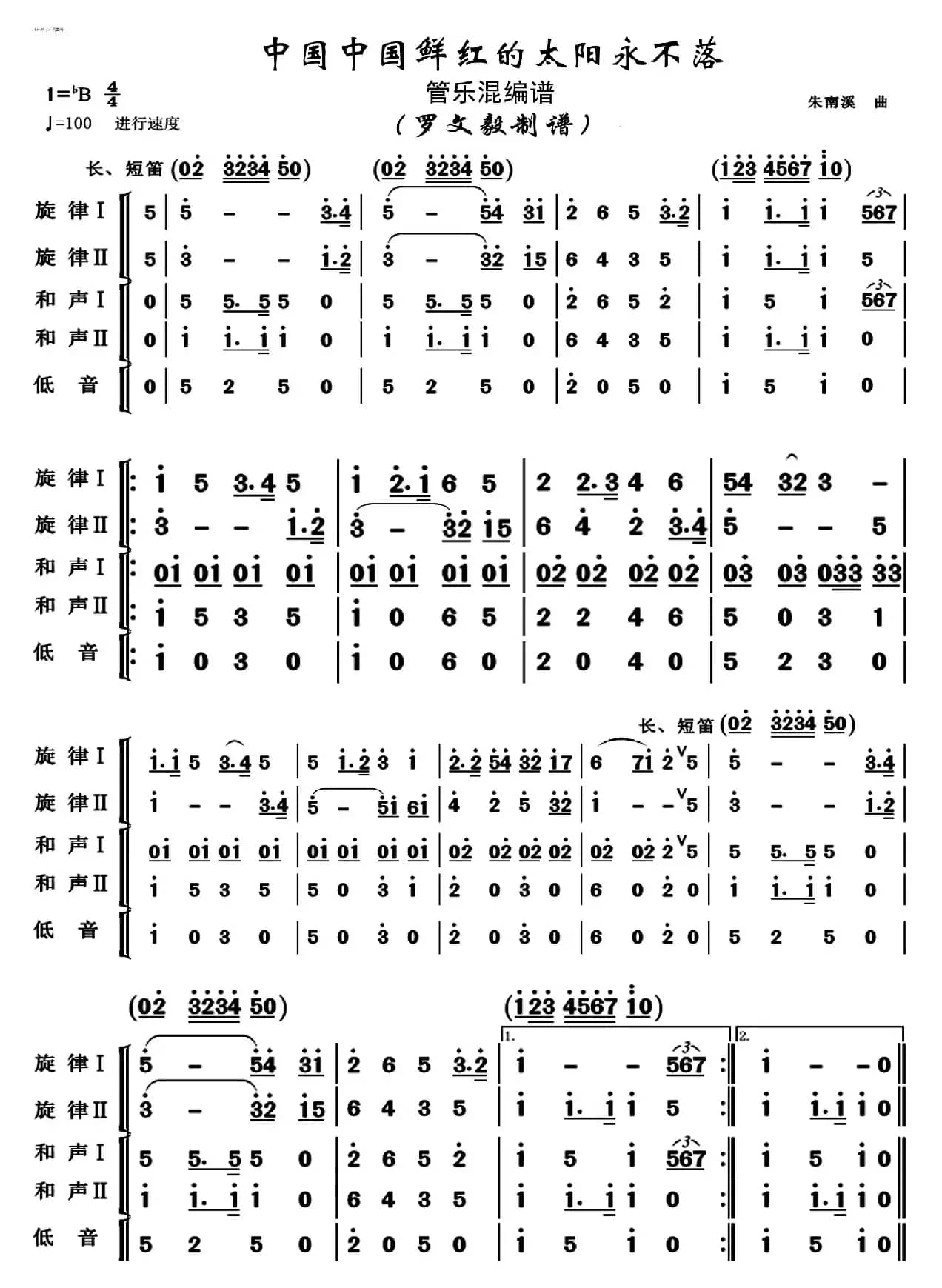 中国中国鲜红的太阳永不落（管乐混编谱）