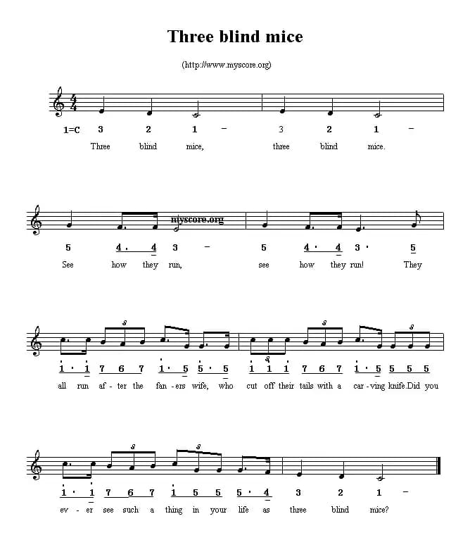 Three blind mice(线简谱混排版、英文儿歌)