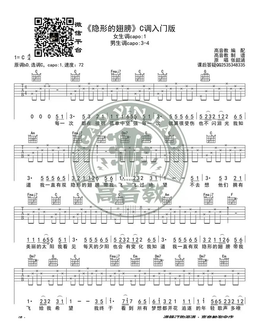 《隐形的翅膀》吉他谱C调入门版 高音教编配 猴哥吉他教学