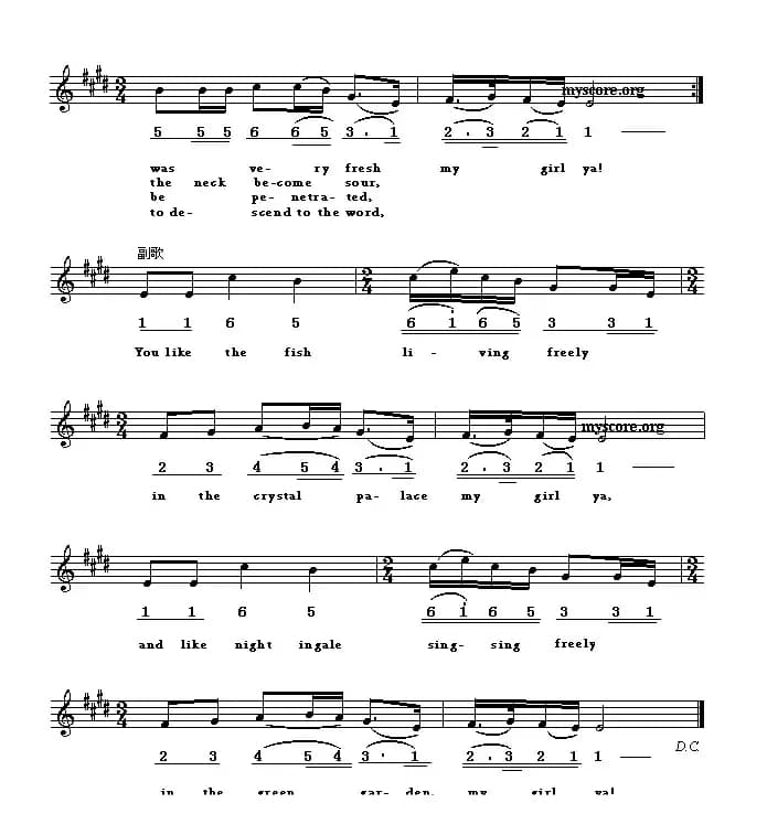 A beautiful girl（美丽的姑娘）（英译中文歌曲、线简谱混排版）