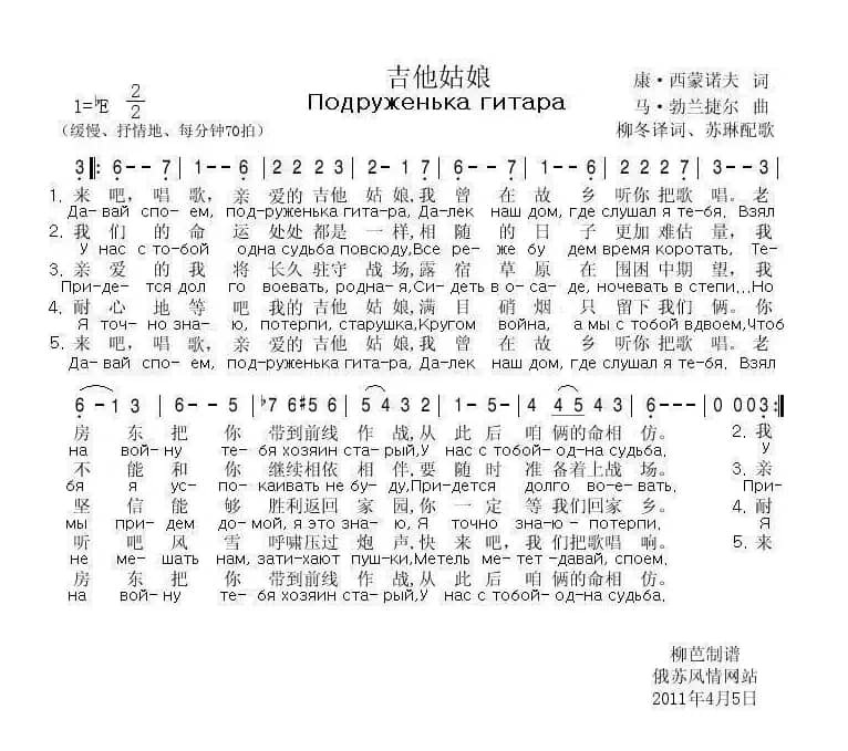 吉他姑娘Подруженька гитара（中俄简谱）