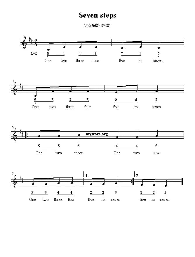 Seven steps（英文儿歌、线简谱混排版）
