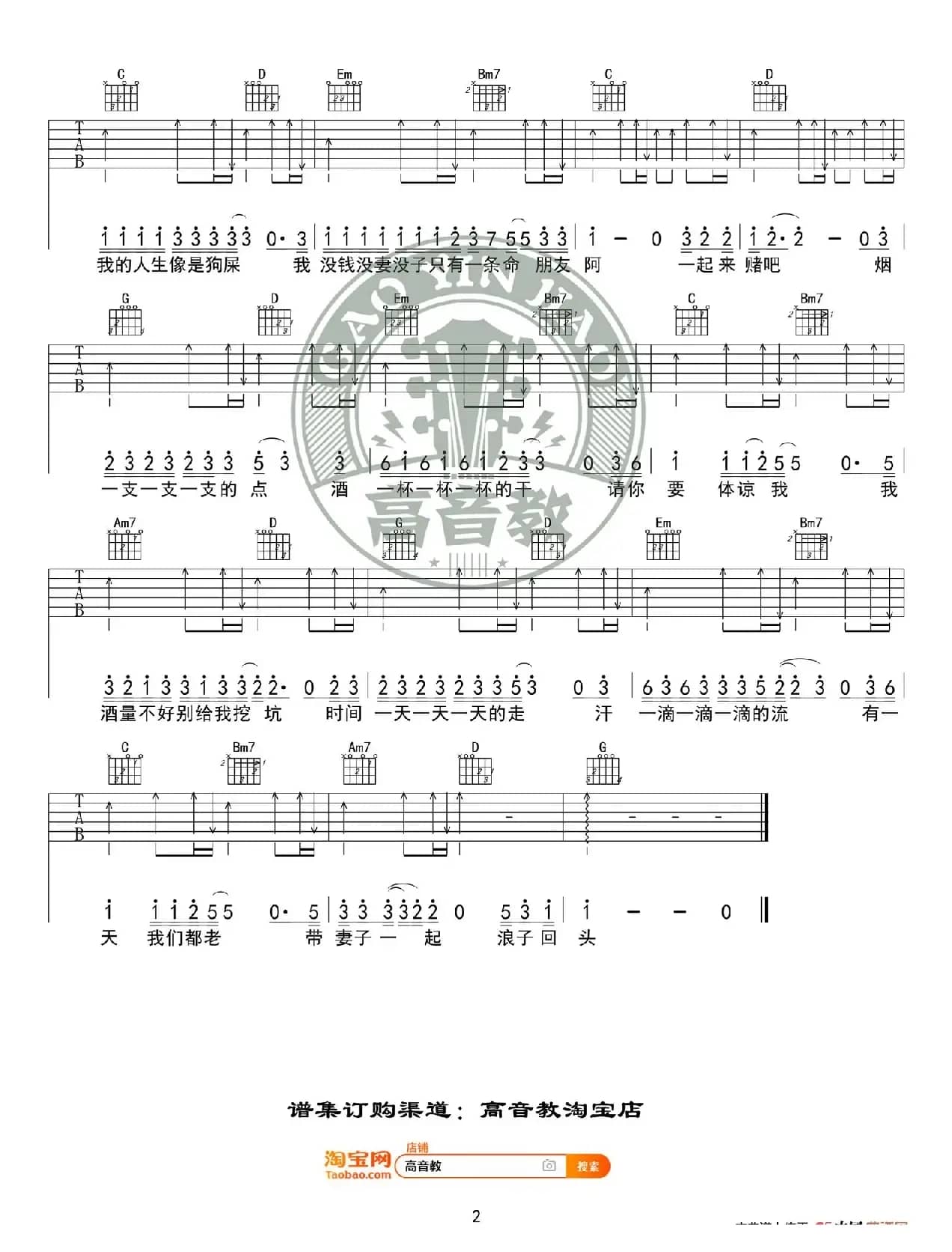  《浪子回头》吉他谱G调入门版 茄子蛋 高音教编配