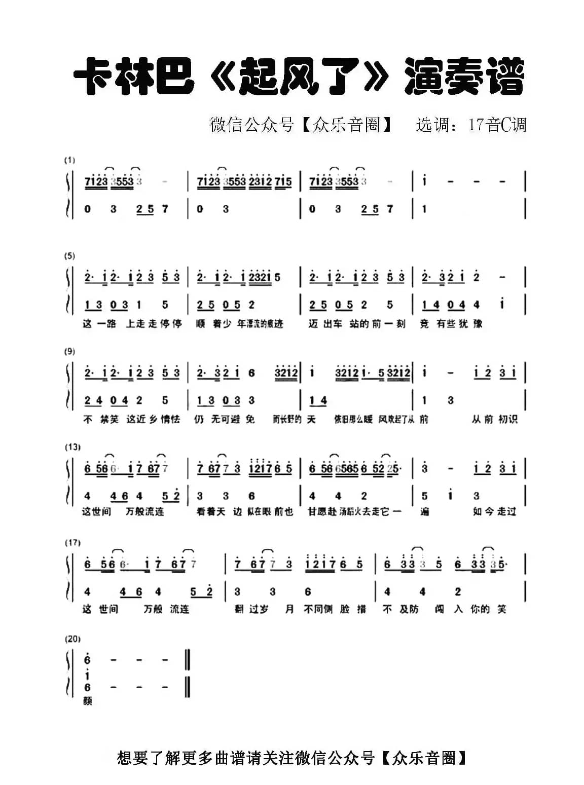 起风了（拇指琴卡林巴琴和弦简谱）