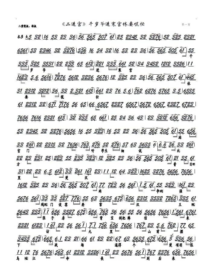 《二进宫》千岁爷进寒宫休要慌忙（京剧《大探二》选段，京胡谱）