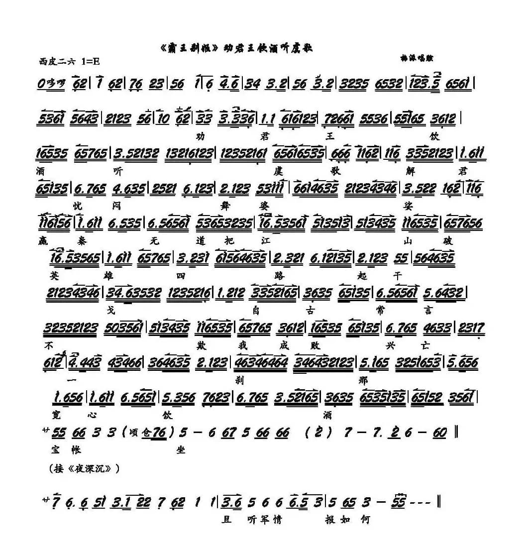 《霸王别姬》劝君王饮酒听虞歌（京剧《霸王别姬》选段、琴谱）