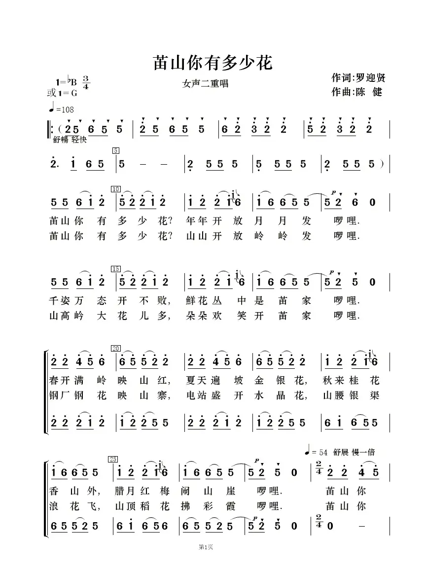 苖山你有多少花（女声二重唱及伴奏总谱、分谱）