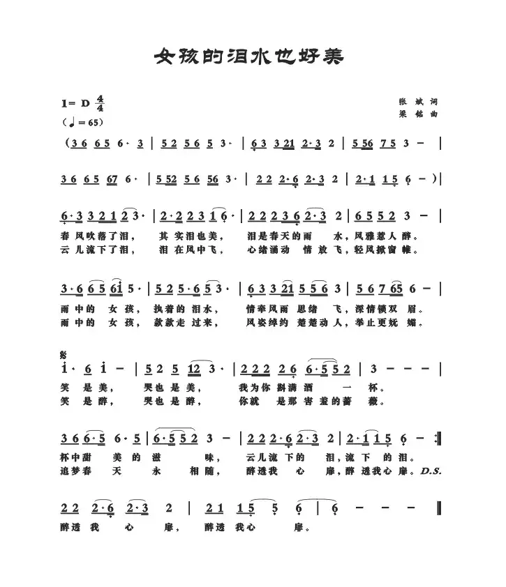 女孩的泪水也好美（张斌词，梁铭曲，演唱：影儿）