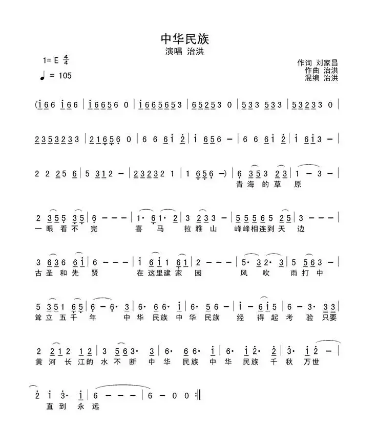 中华民族（刘家昌词 洪治曲、简谱+五线谱）