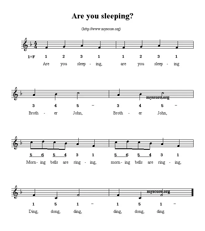 Are you sleeping？（线简谱混排版、英文儿歌）