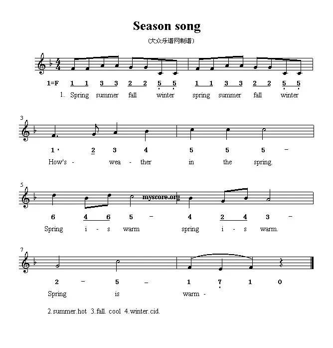 Season song（英文儿歌、线简谱混排版）