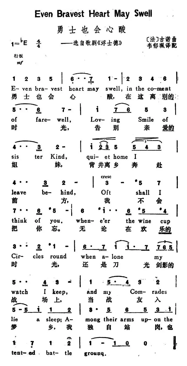 [法]勇士也会心酸（Even Bravest Heart May Swell）（选自歌剧《浮士德》、汉英文对照）