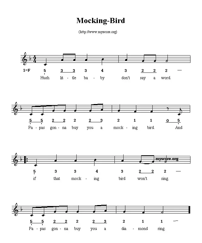 Mocking-bird（线简谱混排版、英文儿歌）