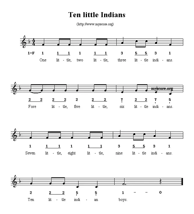 Ten little Indians（线简谱混排版、英文儿歌）