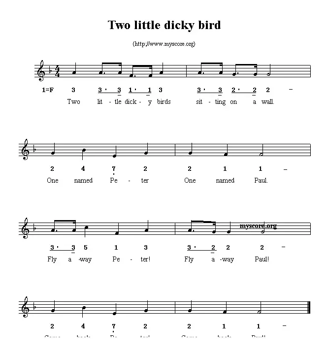 Two little dicky birds（线简谱混排版、英文儿歌）