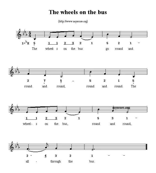 The wheels on the bus（线简谱混排版、英文儿歌）